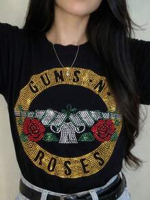 Women's Blouse T-Shirt GANS-ROSES In Rhinestones Shiny Color Block Blingbling None Holiday Beach - 黑色 - 查看 4