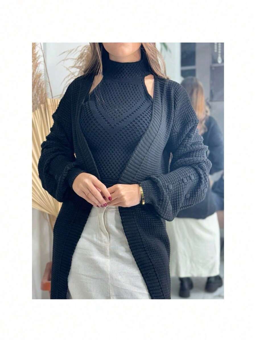 Cardigan Kimono Tricot Com Detalhe de Pompom Na Manga Blusa Inverno Verão Versátil Moda Luxo Casual Festa Trabalho - Preto - Visão 1