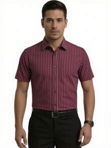 Rand paul Striped Short-Sleeve Dress Shirt, Comfortable, Lightweight Premium Fabric - Burgundy - View 1