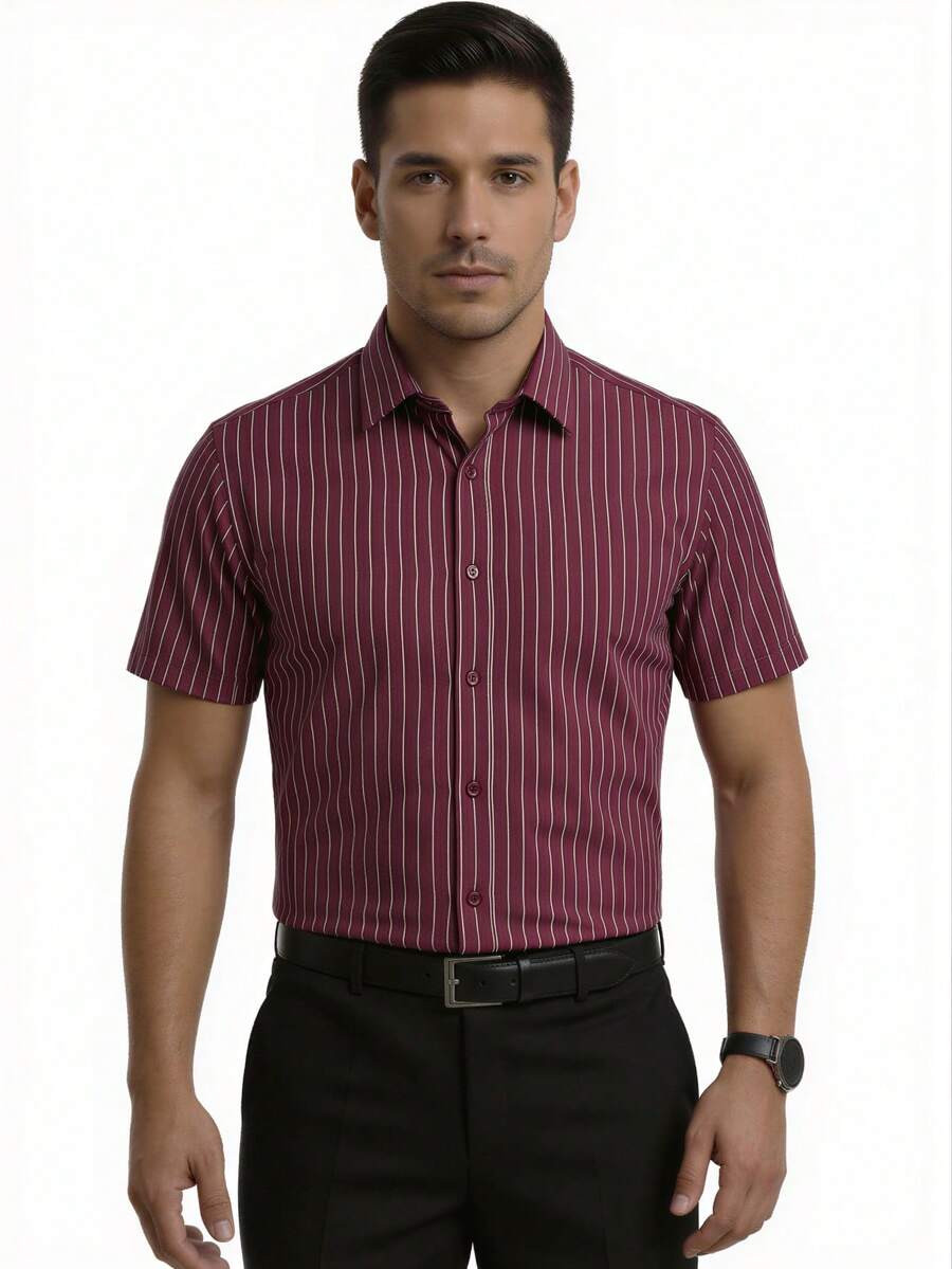 Rand paul Striped Short-Sleeve Dress Shirt, Comfortable, Lightweight Premium Fabric - Burgundy - View 1
