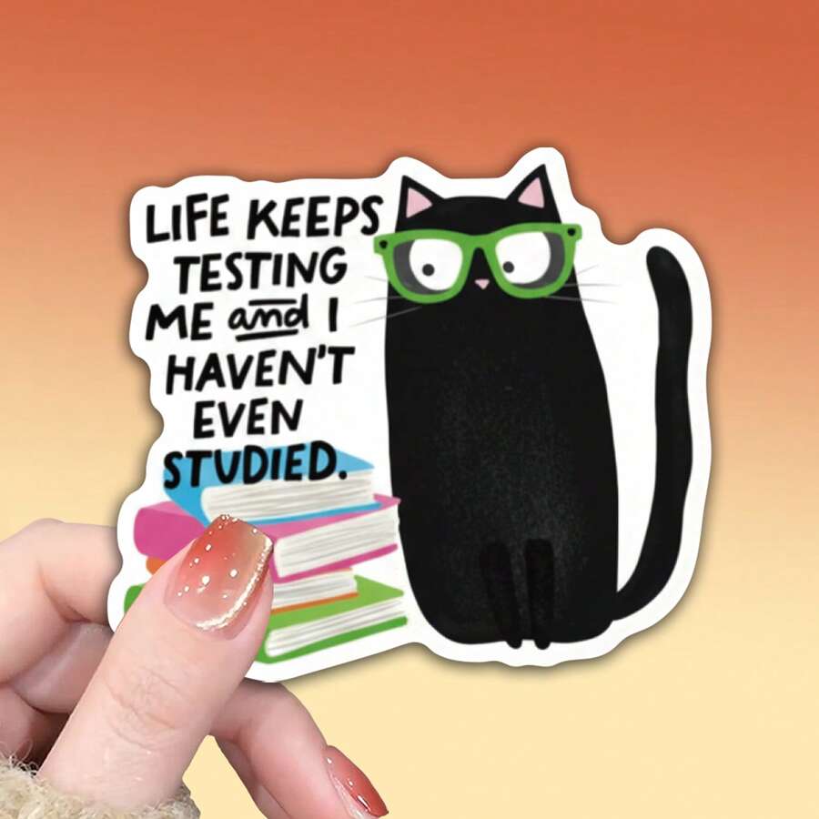 OZLICE "Life Keeps Testing Me" Funny Cat Sticker, Relatable Student Burnout Quote Vinyl Decal, Cute Black Cat With Glasses & Books Waterproof Sticker For Laptop Planner, Sarcastic Exam Stress Gift For Bookworm, DIY Journal Decor