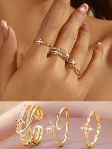 3pcs Set Gold Cubic Zirconia Heart & Cross Adjustable Rings, Luxury Crystal Rings For Women - Gold - View 5