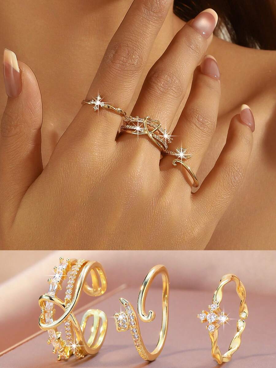 Set de 3 anillos ajustables con corazón y cruz de circonita cúbica dorada, anillos de cristal de lujo para mujeres, accesorios para uso diario, citas y fiestas - Dorado - Ver 1