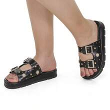 Women's Sandal, Flat Shoe, Rhinestone Papete, Fashionable, Comfortable, 052-040 - 黑色 - 查看 6