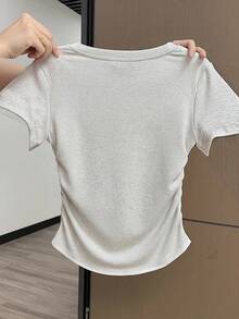 休闲字母印花露脐短袖上衣 - 淺灰色 - 查看 3