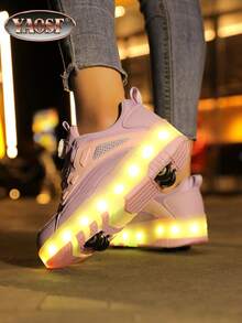 YAOSF Zapatos con ruedas para niños/adolescentes - Versión mejorada con mayor estabilidad, zapatos deportivos 2 en 1 desmontables, zapatos de patinaje sobre ruedas geniales para la calle, zapatos deportivos luminosos para exteriores, zapatos para padres e hijos, nuevos patines en línea, zapatos con luces para la noche, zapatos con ruedas recargables por USB, zapatos con ruedas y luces LED, zapatos deportivos con suela con luces LED para niños/niñas, estudiantes, zapatos con ruedas para deportes al aire libre - Rosa - Ver 6
