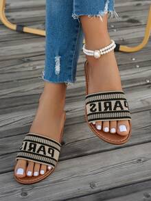 女士新款凉鞋，圆头平底时尚拖鞋，可爱编织心形沙滩鞋，适合外出、旅行、聚会和居家穿着 - 黑色 - 查看 3