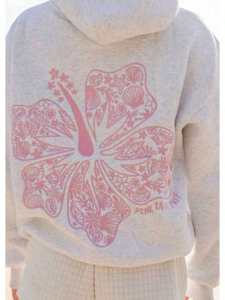 2025Hawaii Hibiscus Letter Print Embroidered Loose Sweatshirt Women's Drop Shoulder Sleeve Ribbed Hoodie Printlong Sleeve Tops,Tops,HoodiesUnisex Casual-Shirts - 淺灰色 - 查看 1