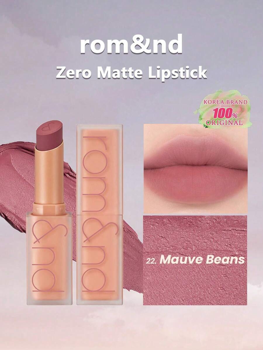 Rom&nd ZERO MATTE 唇膏 #22 紫豆，丝绒哑光质地，轻盈不干燥，柔焦哑光妆效，模糊唇部效果，日常哑光妆容，专业化妆品，特殊场合，韩式妆容，3克/0.11盎司。