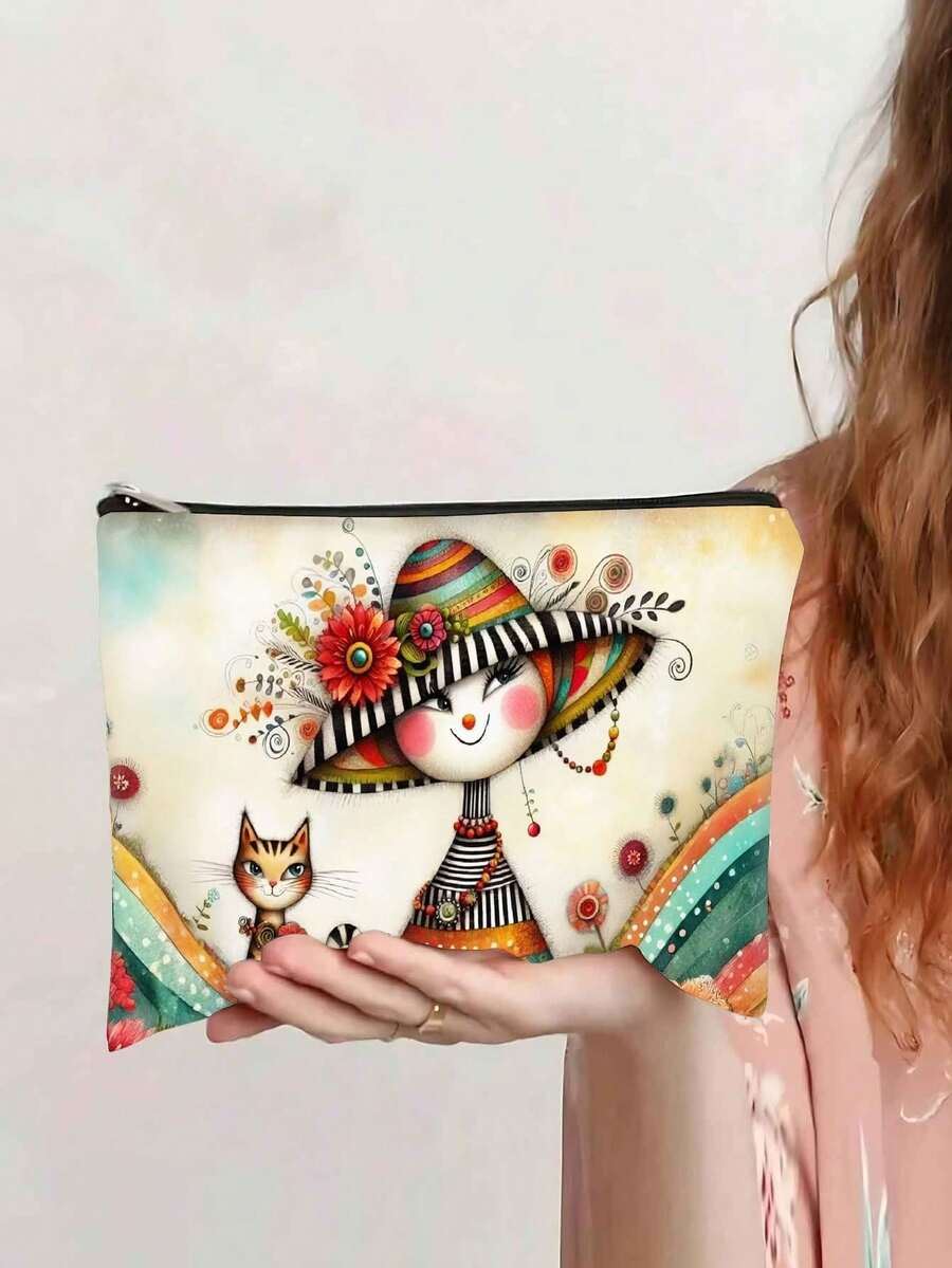 1个女孩猫咪图案化妆包；1个创意女士礼物；1个拉链手拿包；1个小钱包；1个旅行必备品；1个推荐同事收纳包 - 彩色 - 查看 1