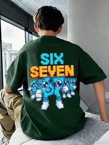 Boys Cartoon Number "67" & Letter Print Round Neck Short Sleeve T-Shirt, New Spring/Summer Children Clothing - Dark Green - View 4