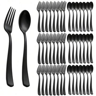 50/25pcs Black Party Tableware Set - Includes 50 Forks, 50 Spoons - Reusable Wedding Cutlery Set Suitable For Party, Holiday, Christmas Decor, Dinner, Wedding, Kitchen And Valentine's Day
