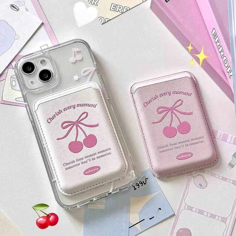 1pc Cherry Bow Leather Magnetic Wireless Charging Magsafe Card Holder Phone Case Compatible With IPhone 17 Pro/16 Pro Max, 15/14/13/12/11 - Multicolor - View 1