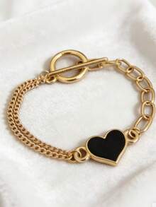 Pulsera de diseño de doble capa con cierre en forma de corazón y negro para mujeres - Oro rosa - Ver 1