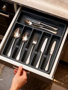 1pc Adjustable Silver Cutlery Storage Box, Expandable Plastic Drawer Divider, Suitable For Kitchen And Dining Room Storage, Kitchen Drawer Separator Cutlery Organizer Box, Household Cabinet Built-In Partition Chopsticks Utensils Rack, Kitchen Supplies Storage, Kitchen Cabinet Chopsticks Cutlery Organizer Box, Knife Fork Spoon Separator Tray - Multicolor - View 6