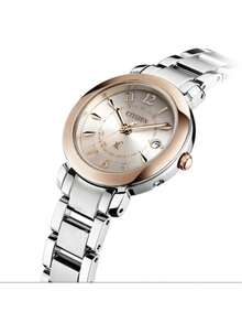CITIZEN 34mm Reloj de acero inoxidable con energía solar, bisel color oro rosa, esfera plateada con números arábigos y pantalla de fecha, resistente al agua 30M - ES9446-54W - Blanco - Ver 3
