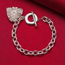 Pulsera de cadena con marco de foto con diseño de corazón plateado en plata de ley 925 para mujeres, joyería de boda y compromiso - Plateado - Ver 2