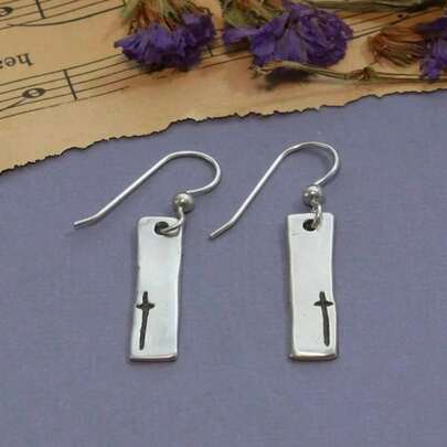 Vintage Silver Hollow Cross Drop Earrings, Suitable For Women's Punk Style, Handmade, Silver Rectangular Geometric Design, Showcasing Unique Charm