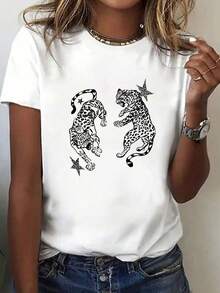 豹纹圆领T恤，复古街头风，圆领短袖，大码女式T恤，宽松舒适，春季前开衩半身裙，大码女装，白色衬衫，女装，夏季休闲穿搭 - 白色 - 查看 4