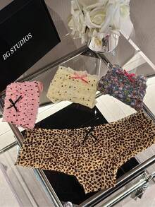 5PCS, Cake Lace Leopard Print Floral Sexy Women's Underwear, Mesh Breathable Triangle Underwear, Pink Colorful Underwear - 彩色 - 查看 5