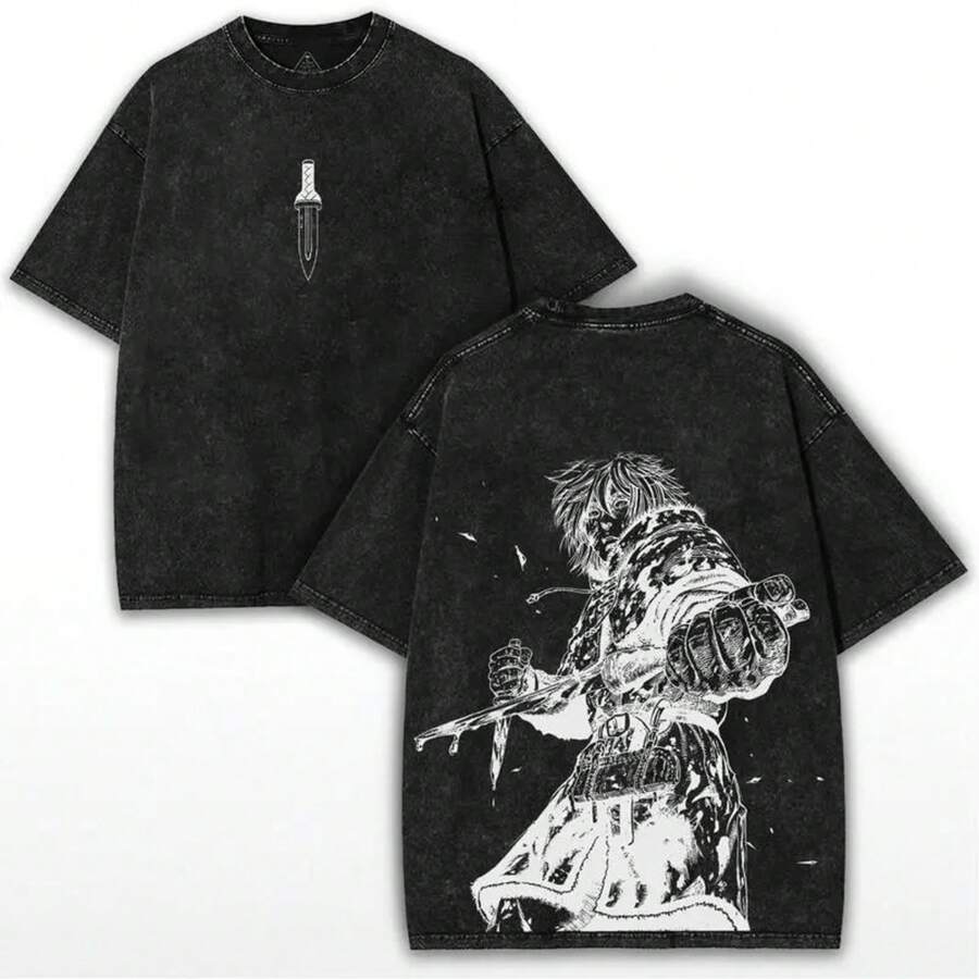 Vinland Saga X Anime – Darkcore Warrior Oversized Tee With Bold Back Art Print & Washed Streetwear DropHX0001 - 黑色 - 查看 1