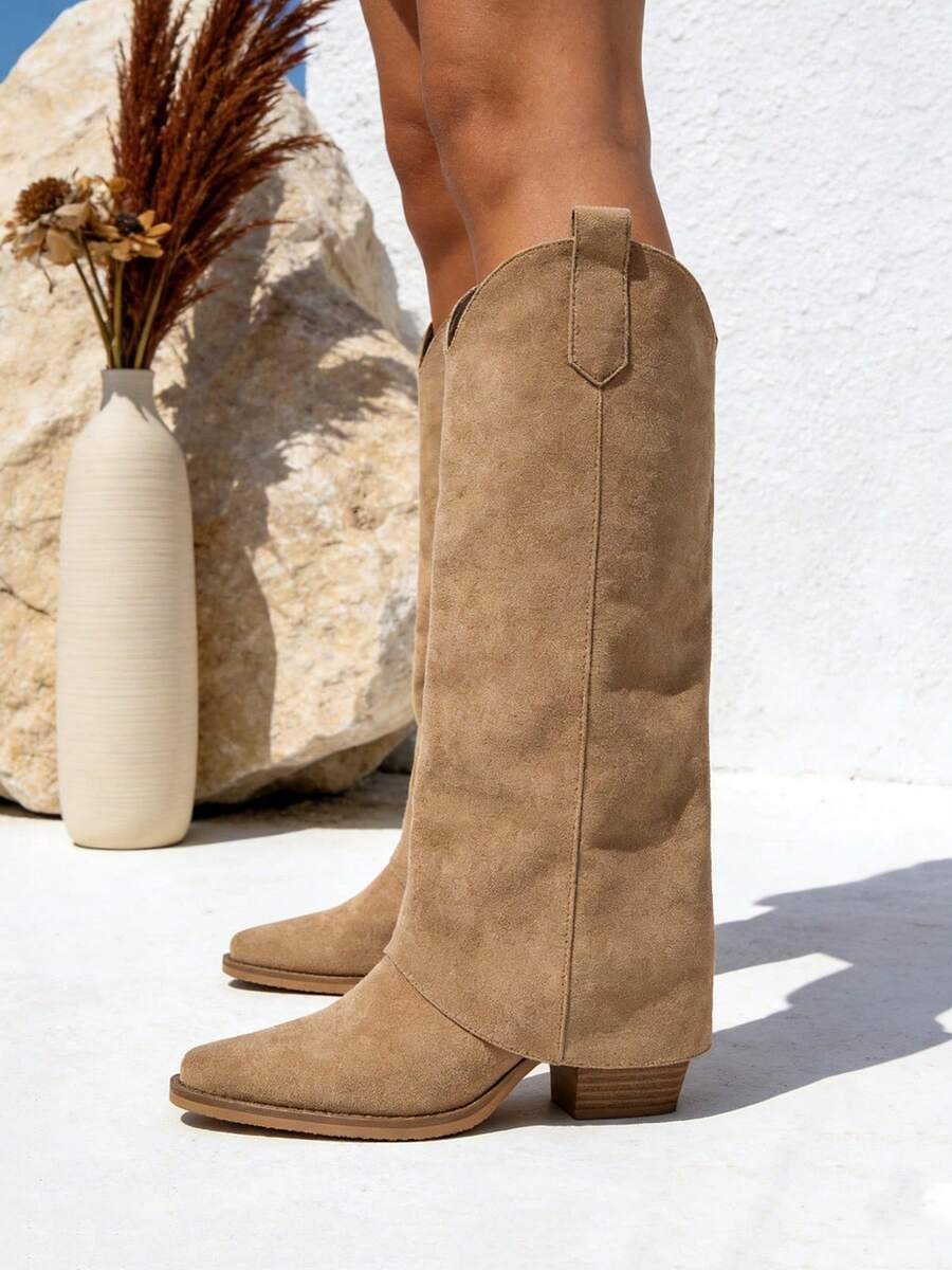 TULIPANO High-Quality Women's Cowboy Style Knee-High Boots, Country Boots With Chunky Heel And Zipper On The Inside, High-Quality Women's Trouser Boots - 卡其色 - 查看 1