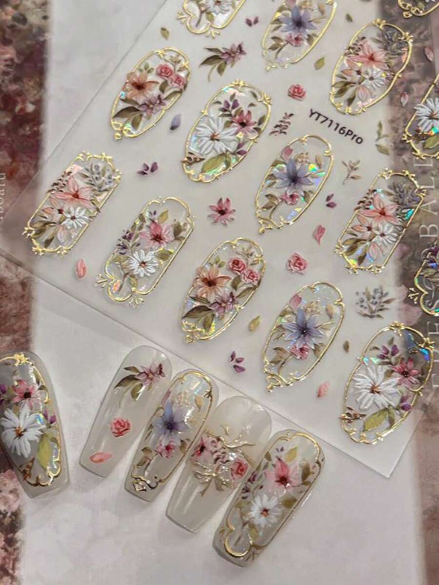 1 szt. Elegancka naklejka na paznokcie w stylu retro z motywem kwiatowym, idealna dla salonów kosmetycznych i miłośników zdobienia paznokci, samoprzylepna ozdoba do paznokci DIY, artykuły do zdobienia paznokci