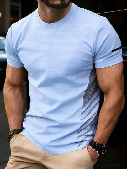 Camiseta para hombre, casual y transpirable de manga corta, top de cuello redondo con estampado minimalista, suéter de punto para fitness, transporte y deportes al aire libre