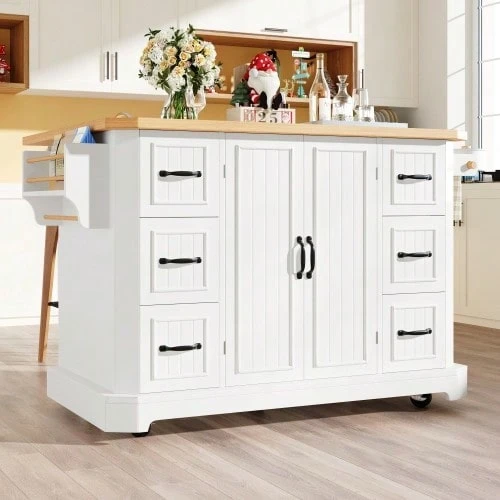 Mobile Kitchen Island, Kitchen Unit, Kitchen Cart With 2 Doors And 6 Drawers, On Casters, (120 X 45 (75) X 91 Cm), White/Black - White - View 1