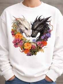 Blusa de Moletom Gola Redonda Confortável Algodão para Frio Inverno Dia a Dia Modelo: Dragões GOT - Novidade Promoção Especial - Branco - Visão 1
