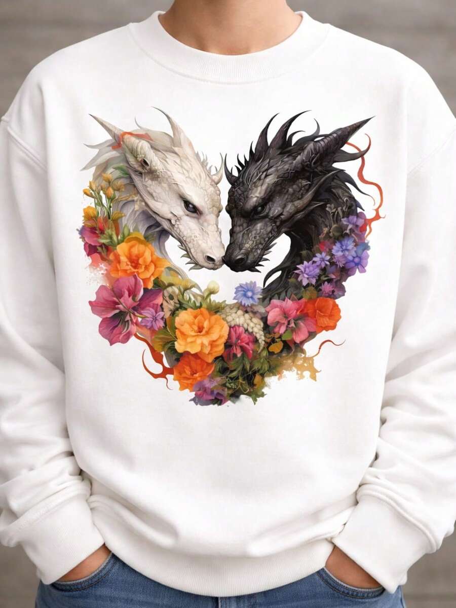 Blusa de Moletom Gola Redonda Confortável Algodão para Frio Inverno Dia a Dia Modelo: Dragões GOT - Novidade Promoção Especial - Branco - Visão 1