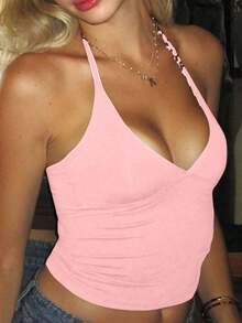 Minimalist Halter Top With V-Neck And Neck Tie - Summer - Pink - View 4