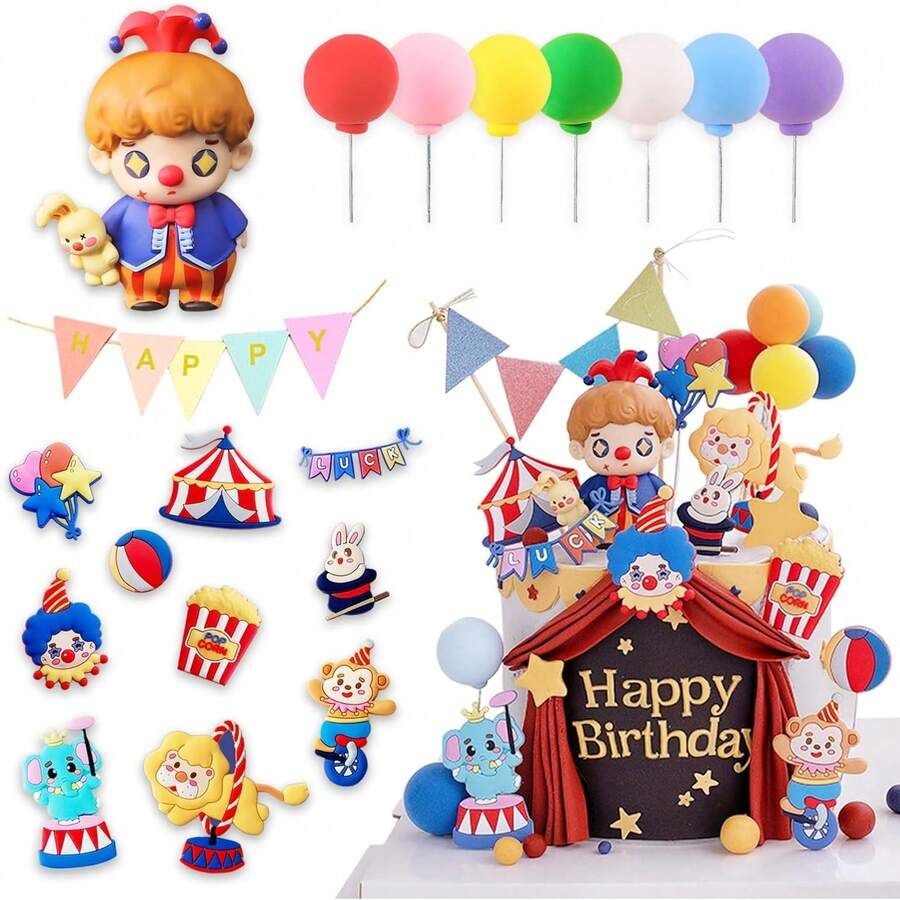 Circus Clown Birthday Cake Decoration Set – 20 Pieces Including PVC Clown Figurine With Bunny, "HAPPY" Mini Cake Banner, Circus Elements, And Colorful Clay Balloons For Party Decorations - Ymx-148 - 查看 1