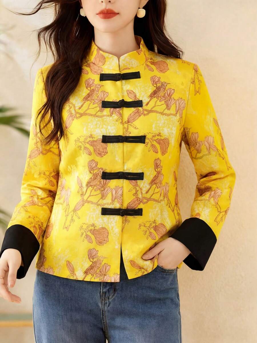 Chinese New Year Short Jacket, Women's Frog Button Cheongsam Style Short Blazer, Lightweight, Cultural, Fashionable, Suitable For Spring/Autumn, Daily Office Wear - Yellow - View 1