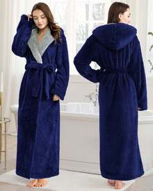 Peignoir long en microfibre pour femmes : Peignoir doux en polaire, peignoir épais pour l'hiver avec ceinture et poches pour la maison, le spa, l'hôtel, les voyages, la piscine, la salle de sport, cadeau de Noël. - Gris avec capuche - Voir 9