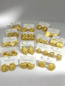 24-Piece Set - (Random Styles) Gold Earrings, Stainless Steel Material, Multi-Element Design, Elegant Style, Hypoallergenic Stainless Steel Earring Set, Perfect Earring Gift For Besties - Multicolor - View 2