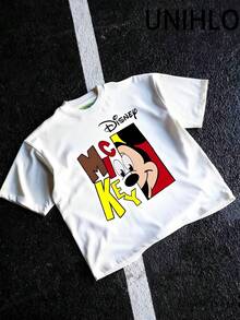 Disney UNIHLO Mickey  Print  Summer Casual Versatile Pure Cotton T-Shirt Suitable For Any Place - trắng - Xem 2