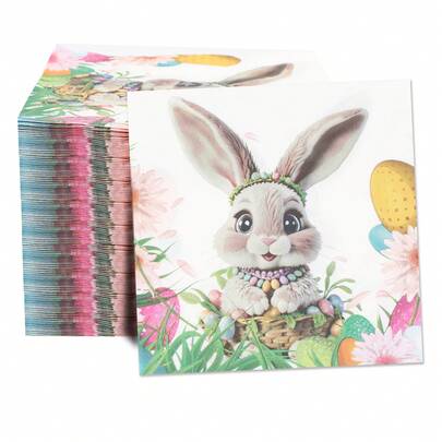 20张/40张/60张/套 柔软方形复活节花卉兔子印花双层餐巾纸，展开尺寸33厘米*33厘米，适用于：婚礼、下午茶、生日派对装饰、派对用品、节日装饰、节日用品