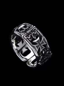Cross Design Men's Ring, Hiphop Indie Style, Vintage Black Color Elegant Open Band - Antique Silver - View 2