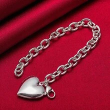Pulsera con colgante de marco de foto con corazón liso plateado en plata de ley 925 para mujer, joya de moda para boda, compromiso y fiesta - Plateado - Ver 1