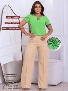 Blusa Feminina Social Manga Curta Decote Argola Elegante Moda Verão Casual - Verde - Visão 2