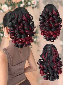 12英寸深波浪耐热合成马尾假发，黑/棕色渐变色，爪夹设计，适合女性在圣诞节、万圣节、音乐节和日常佩戴。 - 拼色 - 查看 8