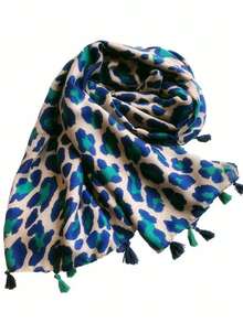 1pc Leopard Print Lightweight Scarf, Fashion Versatile Chiffon Scarf, Long Shawl For Women, Spring/Autumn - Blue - View 5