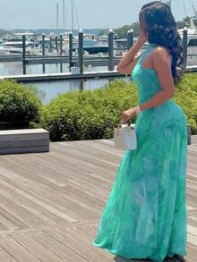 Fashion Skinny Elegant Women's Clothing Commuter Printed Street A-Shaped Dress Crew Neck Pleated Sleeveless Long Dress - 綠色 - 查看 2