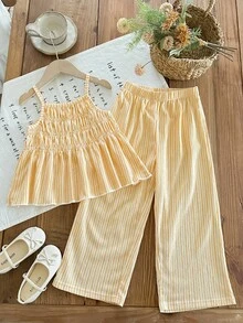 两件套女童条纹吊带背心和阔腿裤套装，夏季清新黄白条纹，褶皱吊带背心+宽松飘逸阔腿裤，柔软透气舒适 - 橘色 - 查看 7