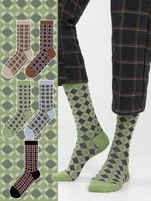 1/5 pares de calcetines de algodón peinado con diseño artístico geométrico de diamantes y círculos, unisex, adecuados para uso diario casual, viajes, hogar, oficina, regalos festivos, sin costuras en los dedos - Multicolor - Ver 2
