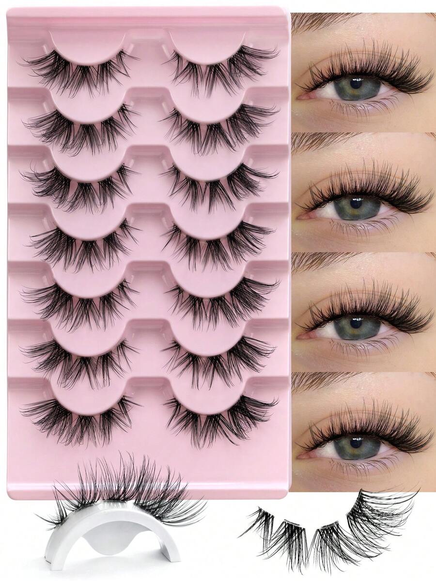 7 Pairs Fluffy Natural Cat Eye False Eyelashes, Transparent Band, Create Cat Eye Makeup Effect, Long & Thin, Soft & Natural Looking Fake Lashes, Strip Eyelashes