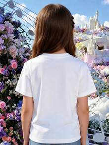 Disney Girls' T-Shirt, Printed With Disney Minnie Mouse Letter Cartoon Pattern, Summer Style, Soft And Comfortable Fabric, Suitable For Everyday Wear. - trắng - Xem 2