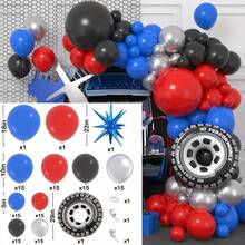 127件套汽车主题气球花环套装，包含轮胎、爆炸星铝箔气球以及红色、黑色、蓝色和银色乳胶气球。非常适合生日派对、机甲派对、机器人大战、赛车活动、游戏派对和英雄主题派对。 - 查看 6