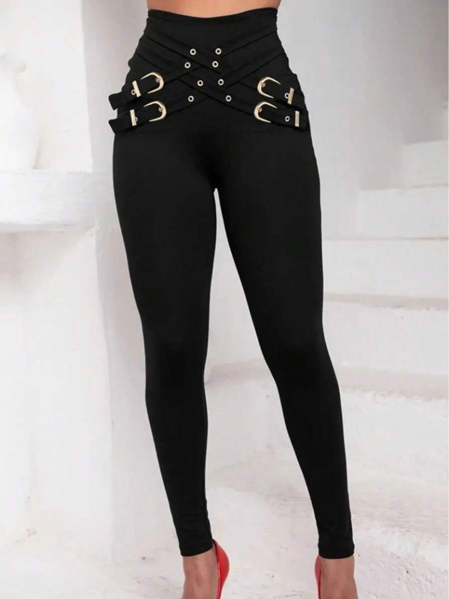 Woman Red High Waist Buckle Detail Leggings – Slim Fit Statement Style - Black - View 1